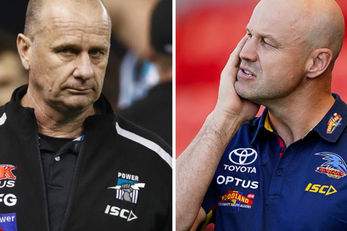 Port Adelaide coach Ken Hinkley (left). Photo: AAP/Daniel Pockett. Crows coach Matthew Nicks, right. Photo: AAP/Dave Hunt. Composite image: InDaily