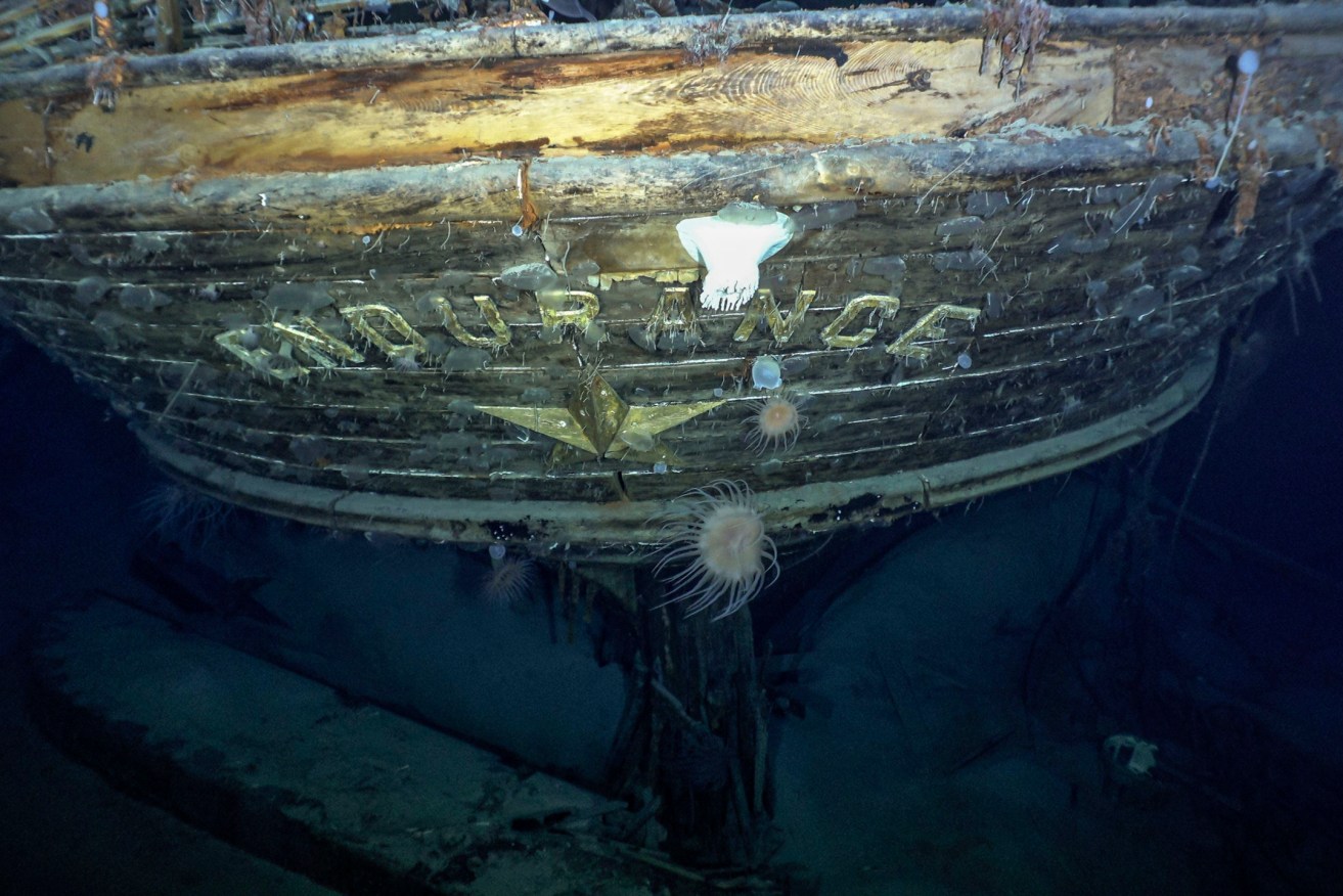 The stern of Endurance which was stuck in ice and sank on Ernest Shackleton's Antarctic expedition 107 years ago. Photo: Falklands Maritime Heritage Trust/National Georgraphic via AP
