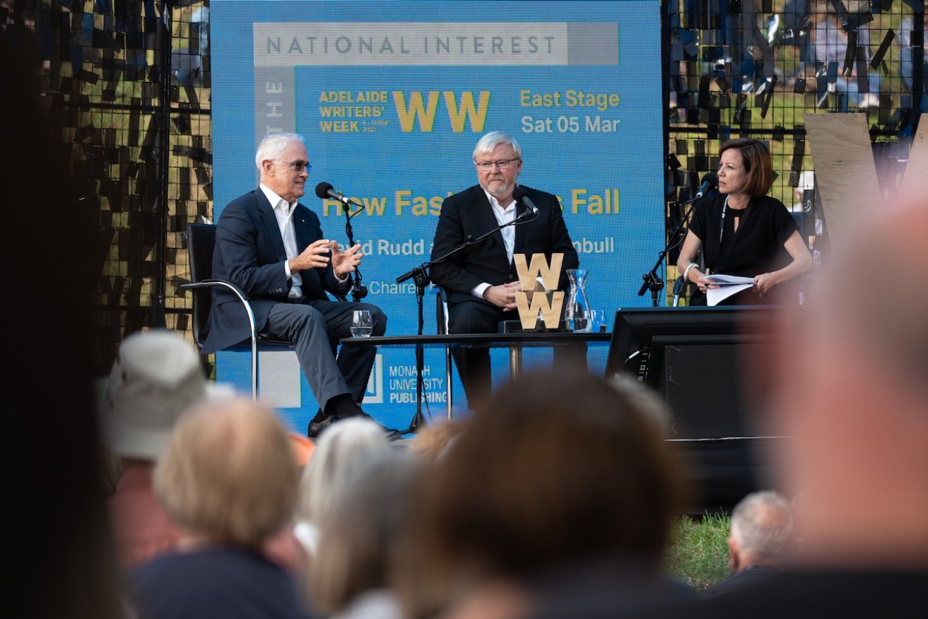 Malcolm Turnbull and Kevin Rudd talking to Writers' Week director Jo Dyer. Photo: Andrew Beveridge