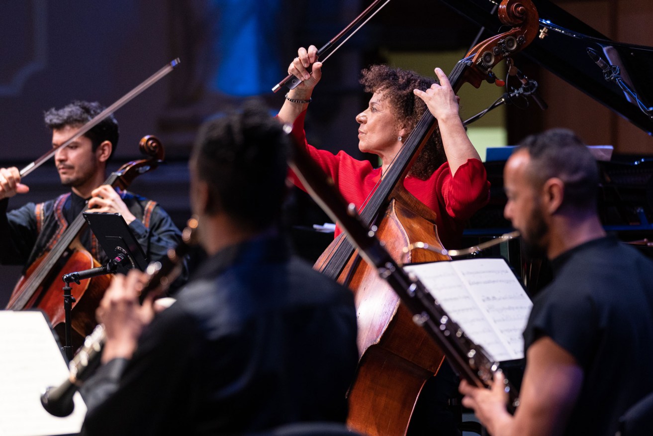 Double-bassist Chi-chi Nwanoku leads the Chineke! Chamber Ensemble in their performance at the Adelaide Town Hall. Photo: Andrew Beveridge 