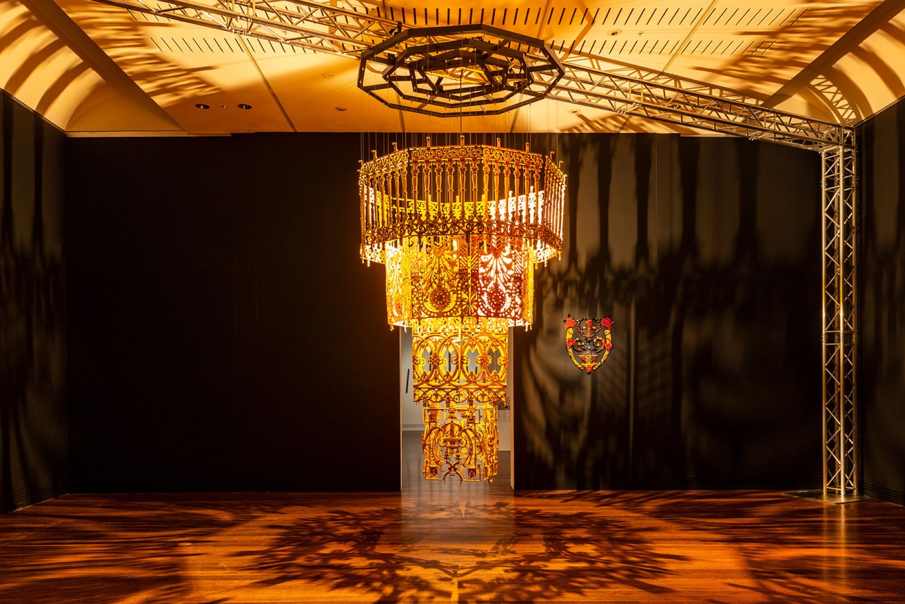 'Casting shadows [Chandelier]' and 'The Settlement [Shield]' by Dennis Golding, in the 2022 Adelaide Biennial of Australian Art: Free/State at the Art Gallery of South Australia. Photo: Saul Steed