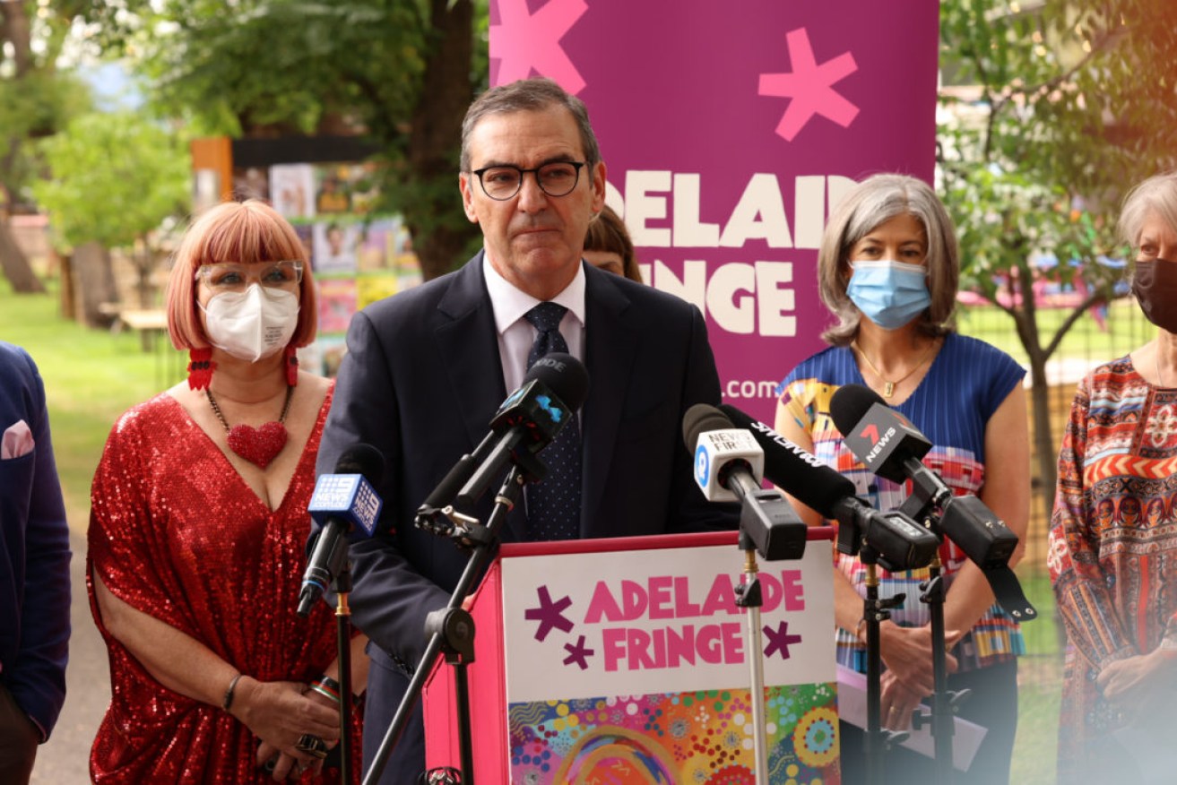 Premier Steven Marshall with Adelaide Fringe CEO Heather Croall, chief public health officer Professor Nicola Spurrier and Lord Mayor Sandy Verschoor at the launch of the 2022 Adelaide Fringe. Photo: Tony Lewis/InDaily