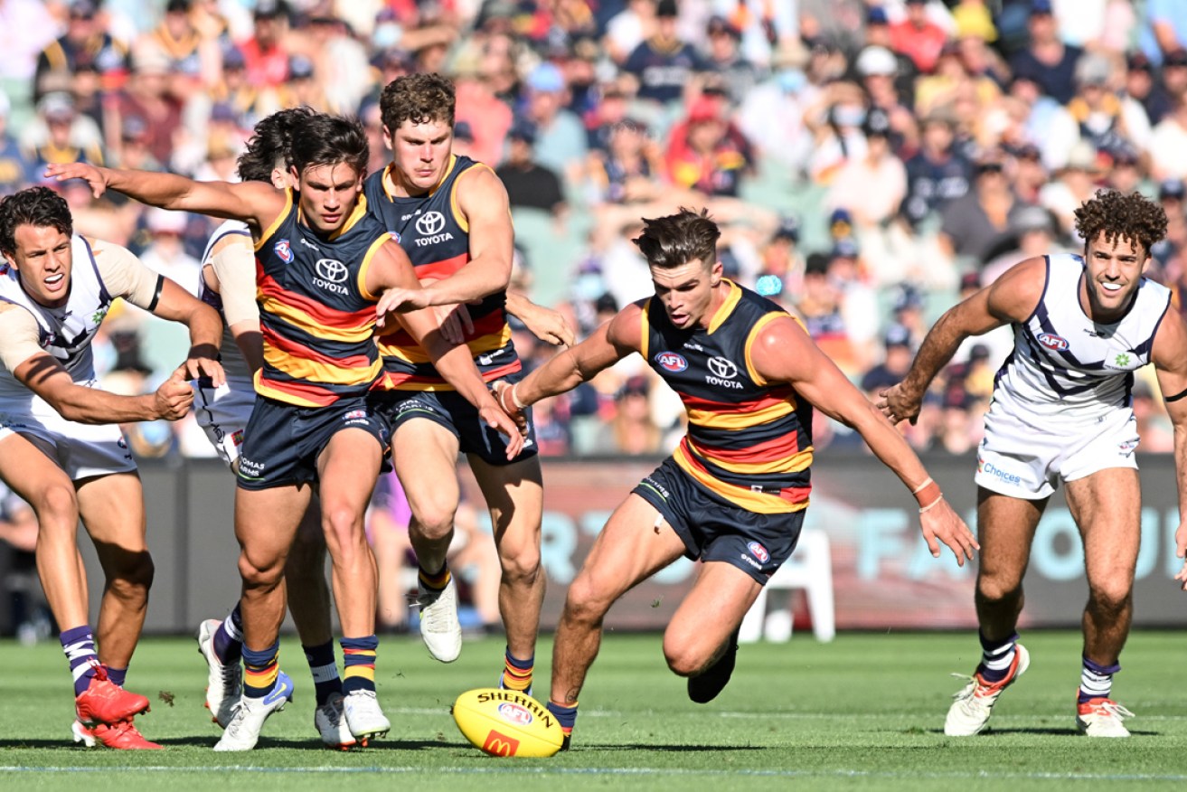 Adelaide Crows players battled hard against Fremantle yesterday. Picture: Michael Errey