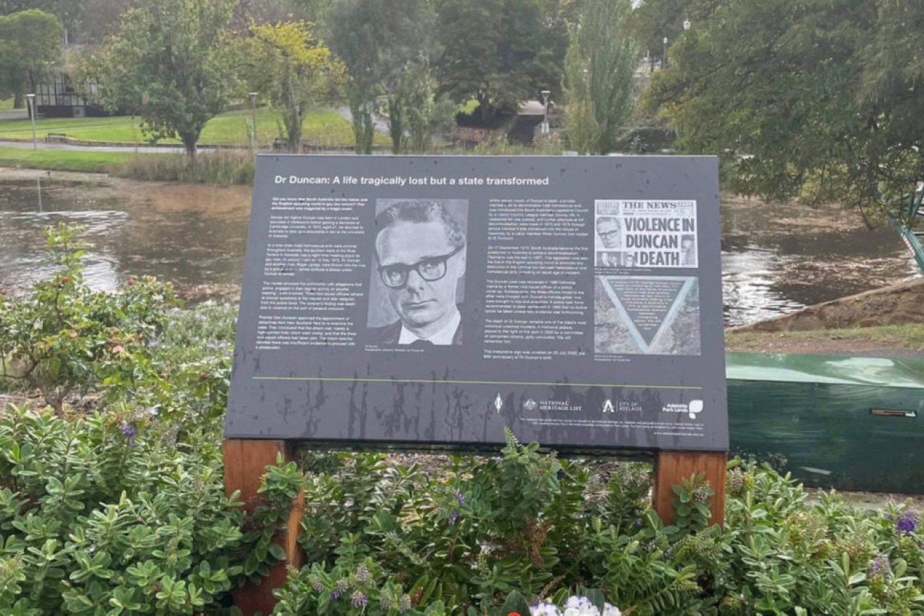 A memorial to Dr George Duncan near the site of his death in the River Torrens. Photo: Adelaide Law School Facebook page