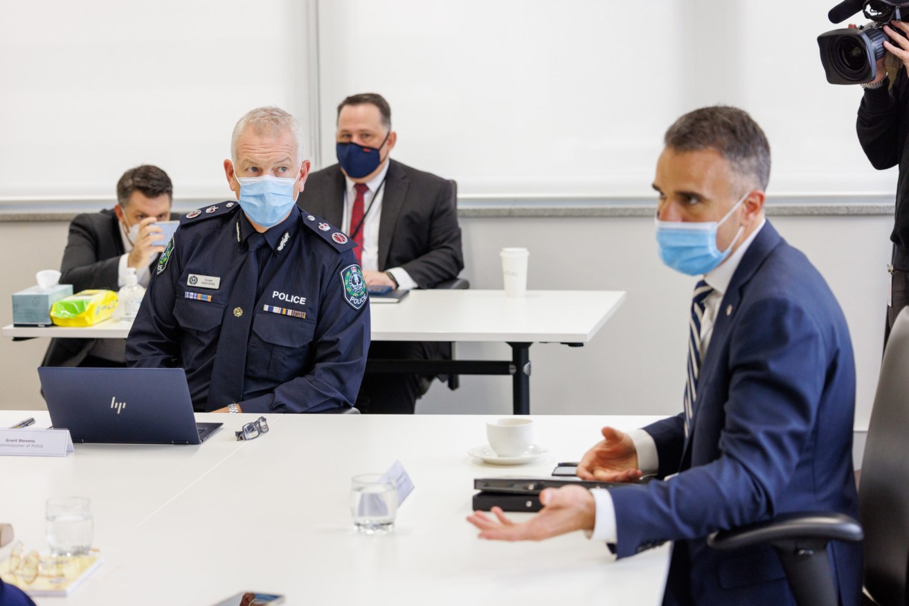 Police Commissioner Grant Stevens and Premier Peter Malinauskas in March 2022. Photo: Tony Lewis/InDaily