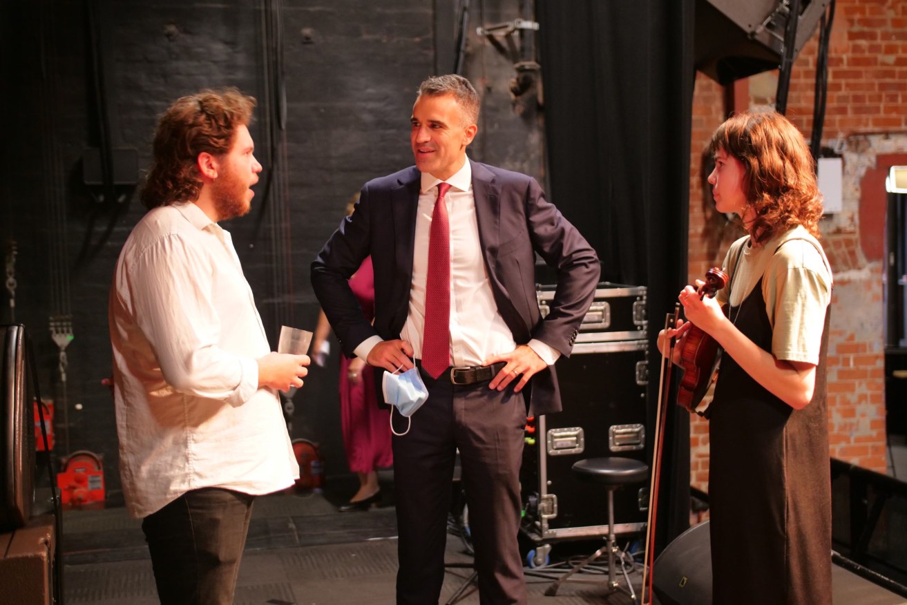 Labor leader Peter Malinauskas announcing a live music pledge at Lion Arts Factory this morning. Photo: Supplied