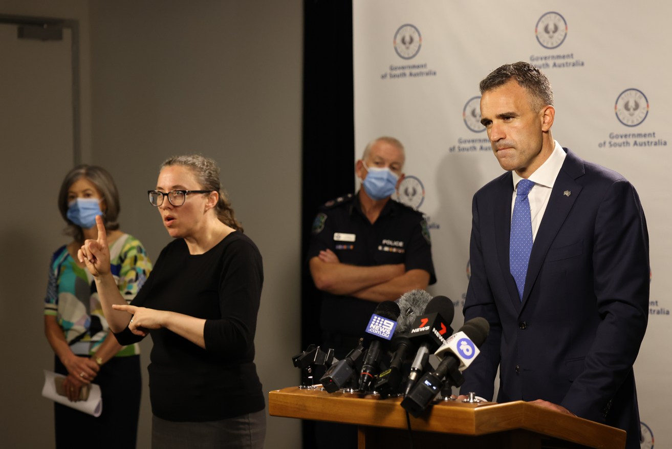Premier Peter Malinauskas with chief public health officer Professor Nicola Spurrier at left and police commissioner Grant Stevens. Photo: Tony Lewis/InDaily