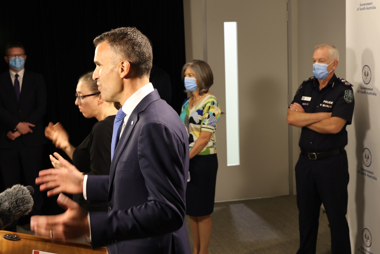 Premier Peter Malinauskas with chief public health officer Professor Nicola Spurrier, state emergency coordinator Grant Stevens and incoming Health Minister Chris Picton (top left). Photo: Tony Lewis/InDaily