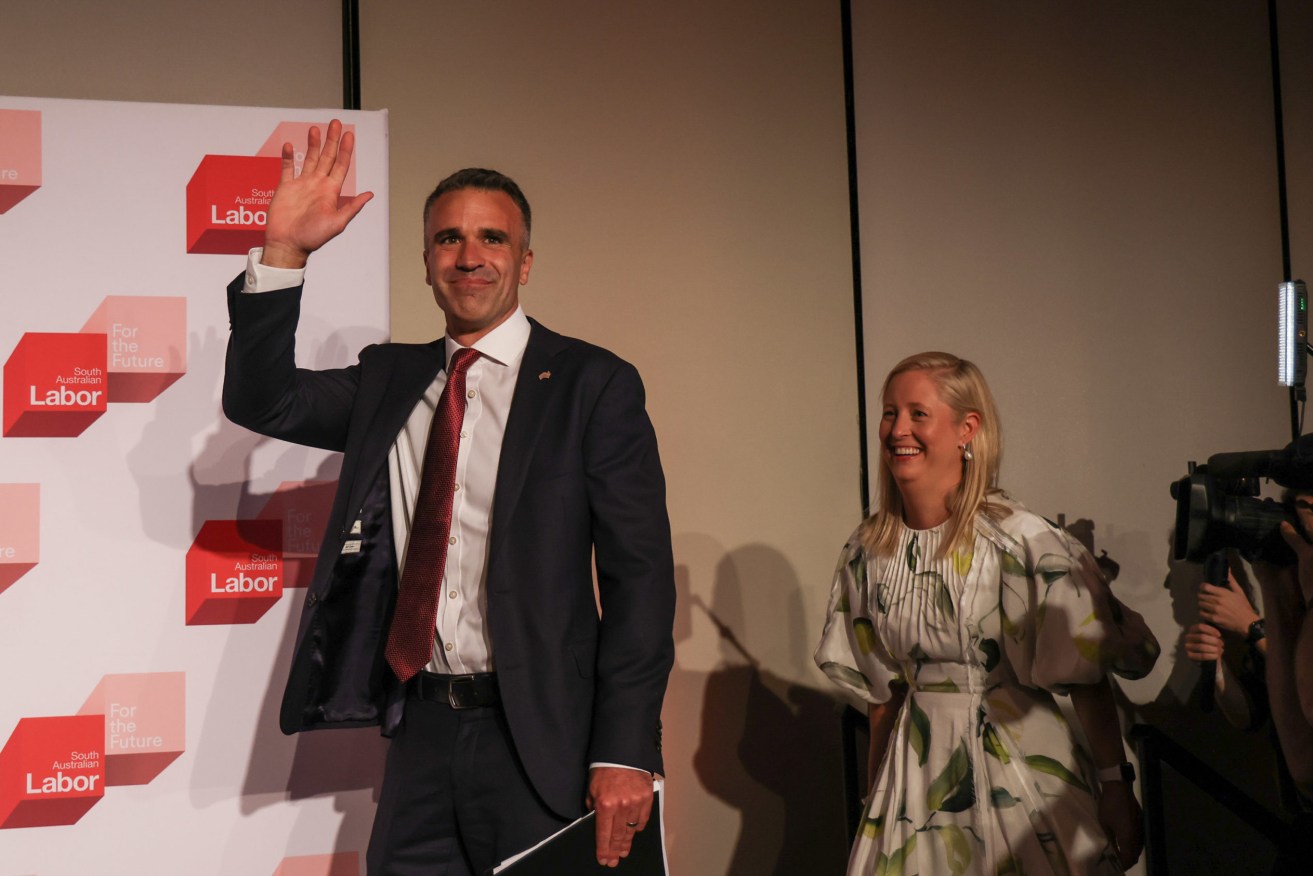 Peter Malinauskas arrives with his wife Annabel to address supporters after sweeping Labor to power. Photo: Tony Lewis / InDaily