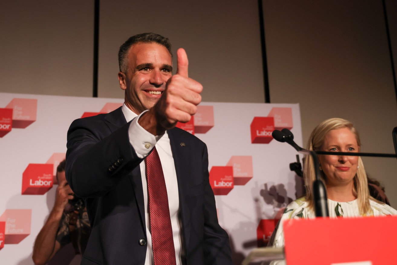 Peter Malinauskas with wife Annabel West on election night. Photo: Tony Lewis / InDaily