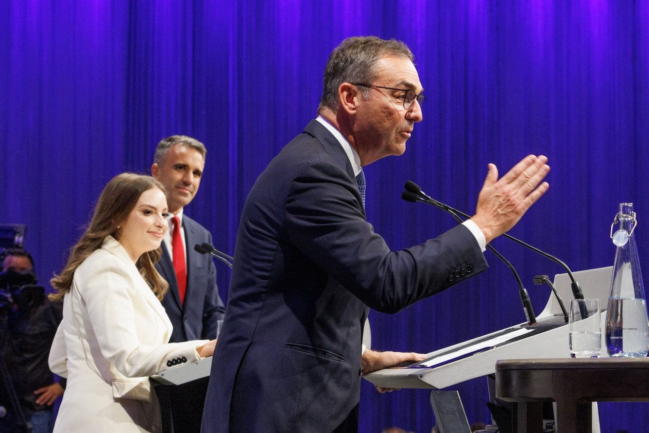 Premier Steven Marshall makes a point during the March 10 SA Press Club debate, watched by moderator Stacey Lee and Labor leader Peter Malinauskas. Photo: Tony Lewis/InDaily