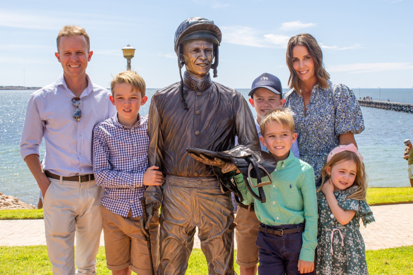 Champion jockey Kerrin McEvoy with his wife Cathy and their children Rhys, Jake, Charlie and Eva at the statue unveiling in Streaky Bay. Picture: Rebecca Gosling.