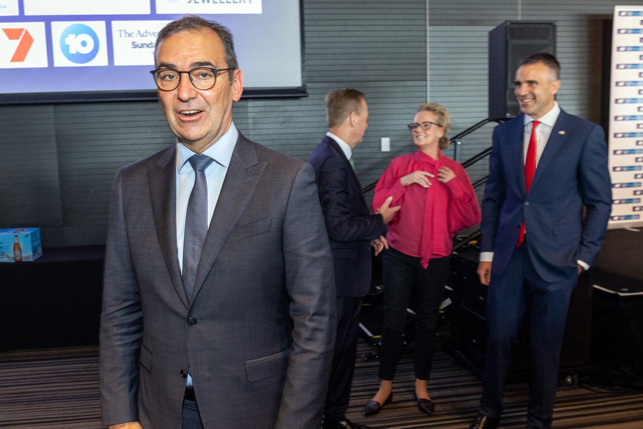 Peter Malinauskas (right) is seeking to take centre-stage from Steven Marshall, pictured at a 2021 SA Press Club debate. Photo: Tony Lewis / InDaily