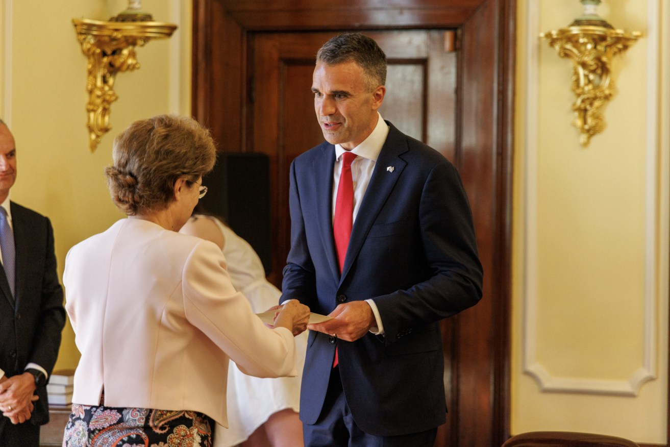 Peter Malinauskas being sworn in as Premier by SA Governor Frances  Adamson. Photo: Tony Lewis/InDaily