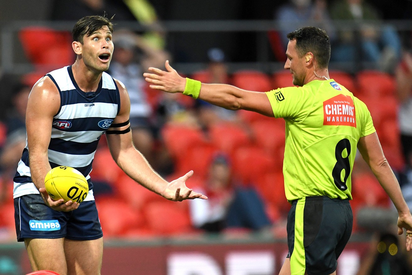 Geelong's Tom Hawkins after an umpiring decision in 2020. Today his reaction would risk a 50m penalty. Photo: AAP/Dave Hunt