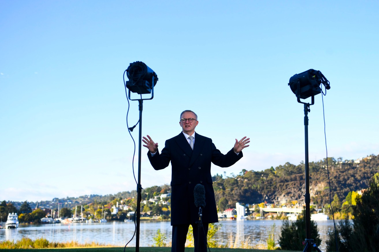 Opposition leader Anthony Albanese on the hustings in Tasmania on Monday. Photo: AAP/Lukas Coch