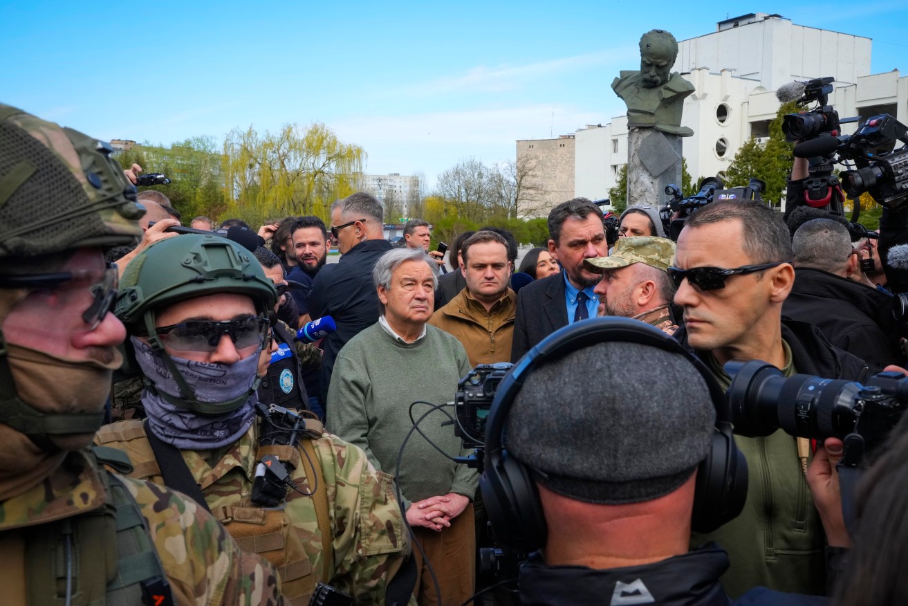 U.N. Secretary-General Antonio Guterres, centre, reacts during his visit to Borodyanka, close to Kyiv, Ukraine. Photo: AP/Efrem Lukatsky