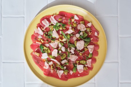 Recipe: Tuna carpaccio with green olive & caper vinaigrette and prawn crackers
