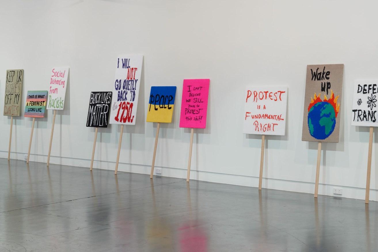 An installation view of Kate Just’s 'Protest Signs' at Hugo Michell Gallery. Photo: Sam Roberts 