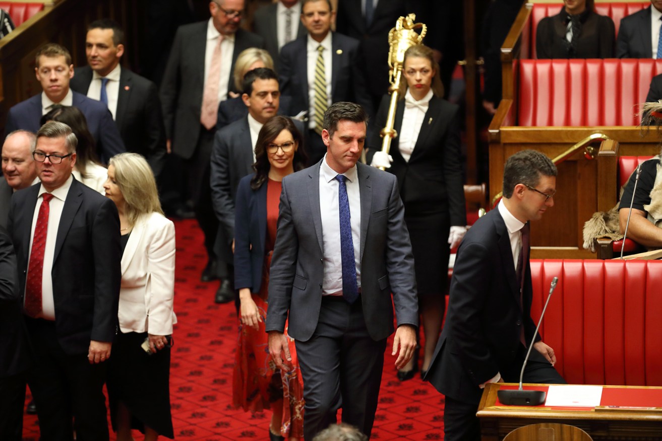 Then-Liberal MPs Fraser Ellis and Dan Cregan at parliament's reopening in 2020. Both are now on the crossbench. Photo: Tony Lewis / InDaily