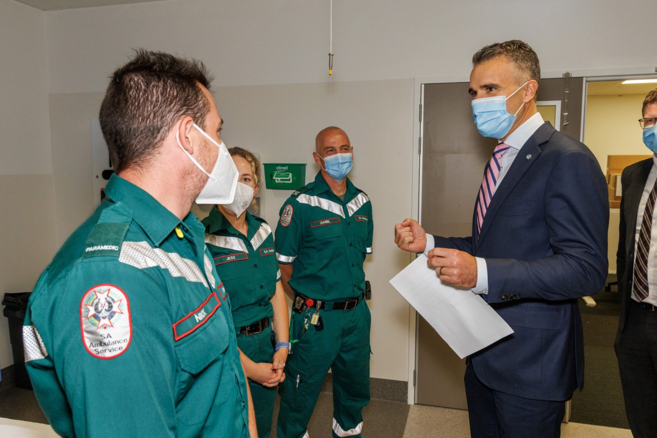 Premier Peter Malinauskas talks to paramedics at the RAH. Photo: Tony Lewis/InDaily