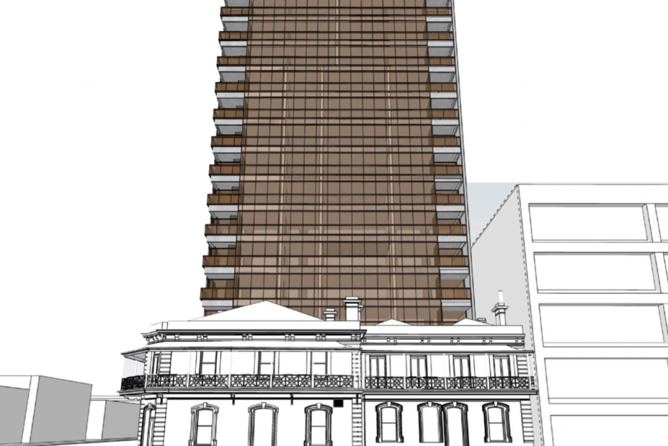 A render of the proposed 16-storey tower at the back of the King's Head Hotel. Image: Future Urban