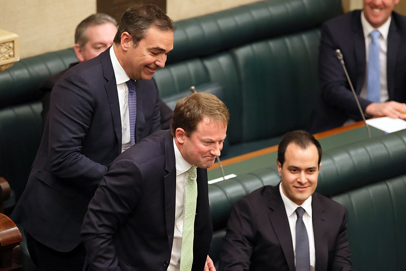 Former Speaker Josh Teague (centre) with Steven Marshall and Vincent Tarzia, has nominated for the Liberal leadership. Photo: Tony Lewis / InDaily