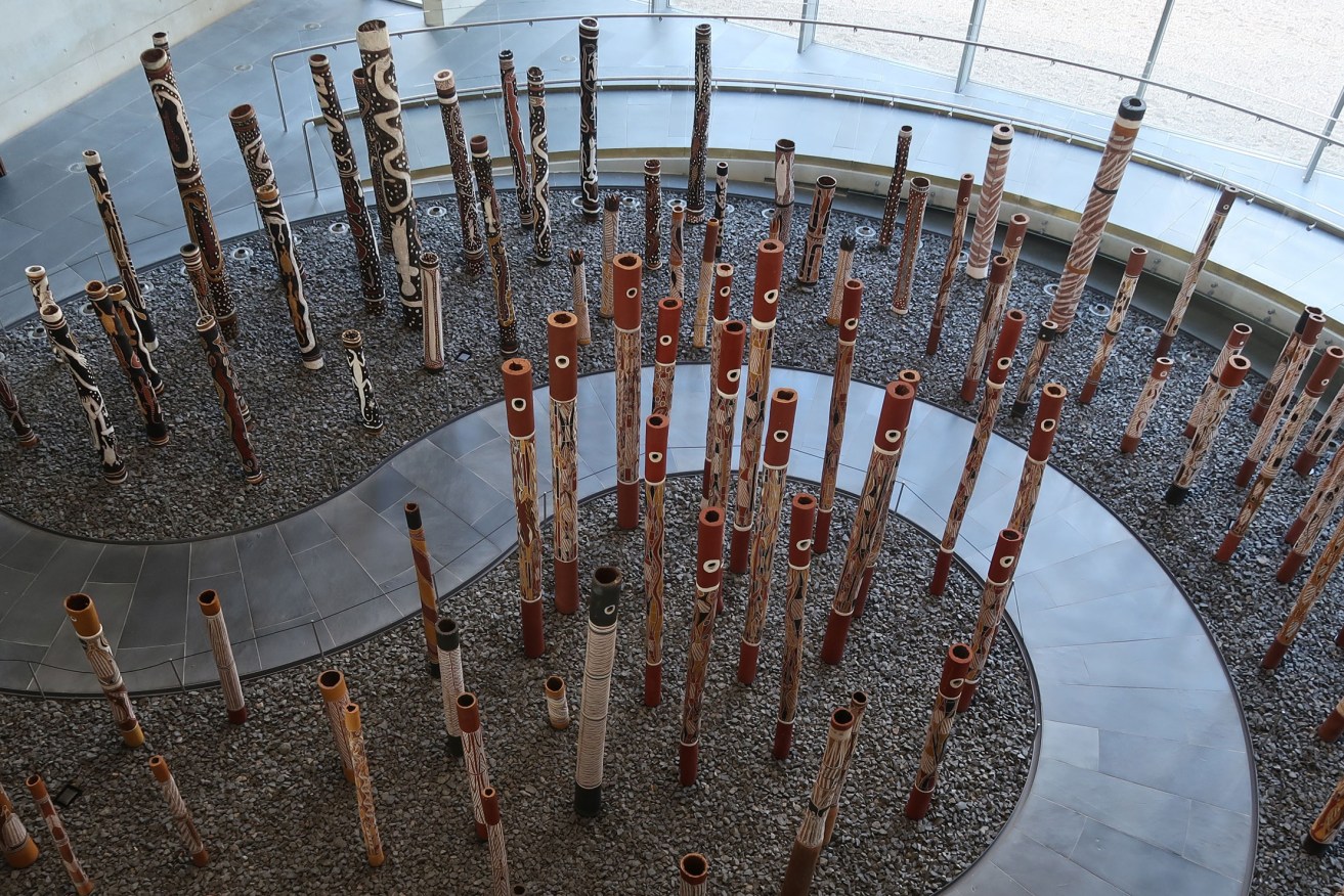 The Aboriginal Memorial, conceived by Djon Mundine (Bandjalung people) with 43 artists from Ramingining and surrounding communities in Central Arnhem Land, National Gallery of Australia. Photo: Edwin Schoell