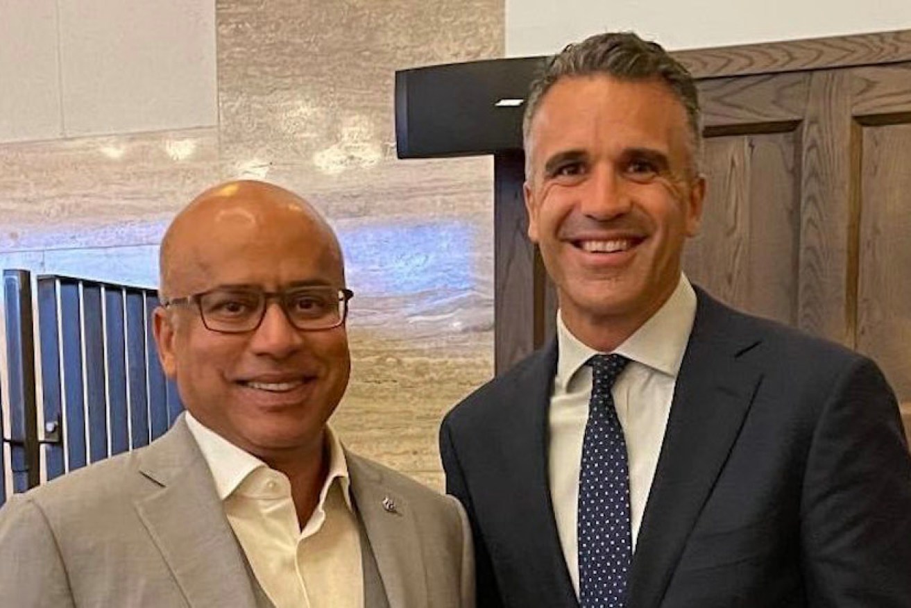 Peter Malinauskas with Sanjeev Gupta in February. The Government says the businessman's Whyalla operations are unaffected by a UK Fraud Office raid overnight. Photo: Twitter