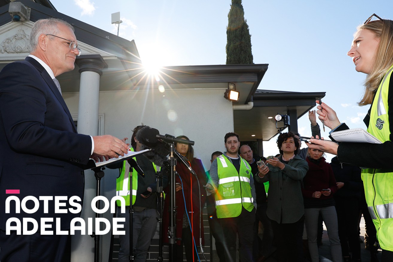 InDaily's Stephanie Richards questions Prime Minister Scott Morrison on the election campaign trail. Photo supplied
