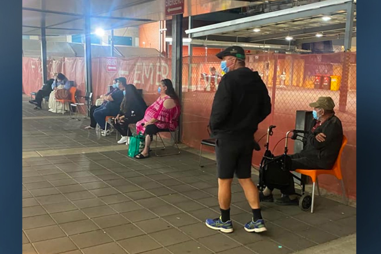 Patients waiting outside the Lyell McEwin Hospital on Sunday night. Photo: supplied
