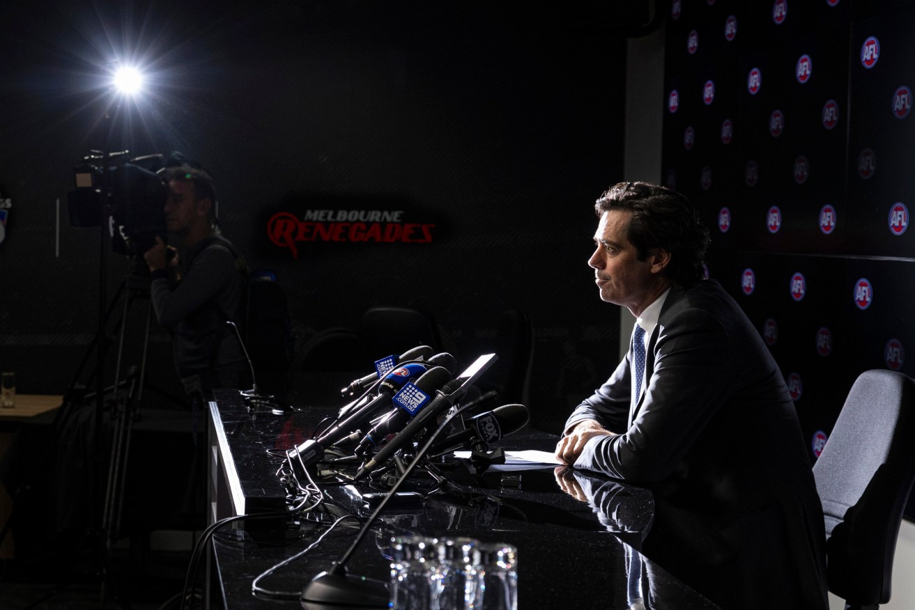 AFL Chief Executive Officer Gillon McLachlan speaks to media at an AFL press conference at Marvel Stadium, Melbourne, Tuesday, June 19, 2019.  (AAP Image/Daniel Pockett) NO ARCHIVING