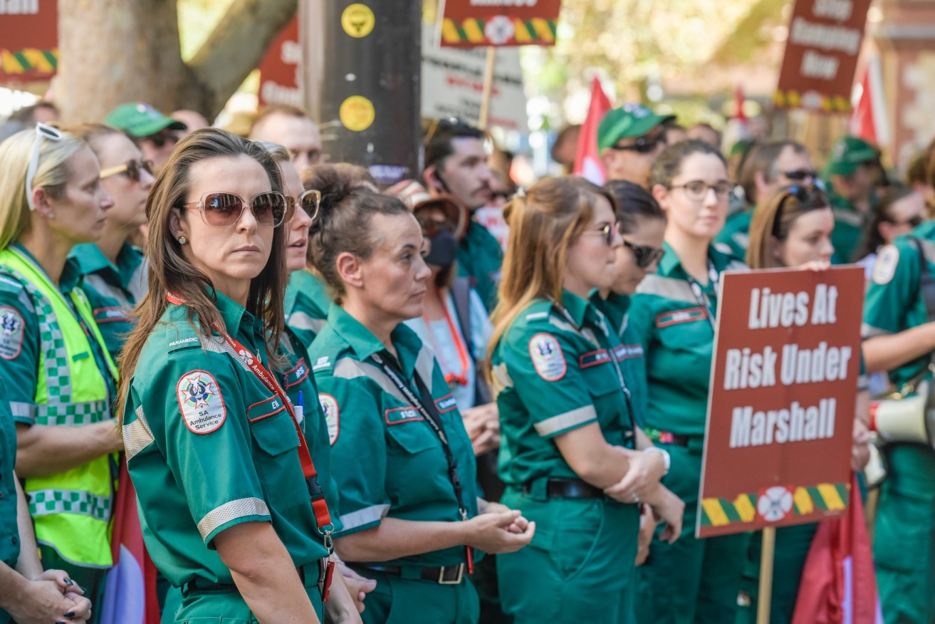 An Ambulance Employees Association-led protest against the Marshall Government in 2021. Photo: Roy Vandervegt/AAP 