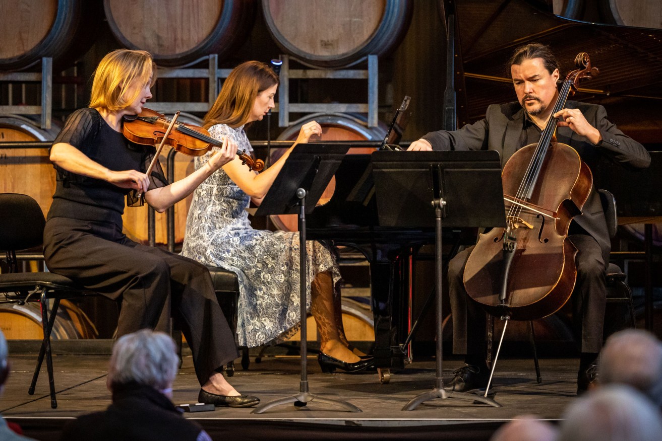 Helen Ayres, Anna Goldsworthy and Simon Cobcroft perform at the 2022 Coriole Music Festival. Photo: Jamois