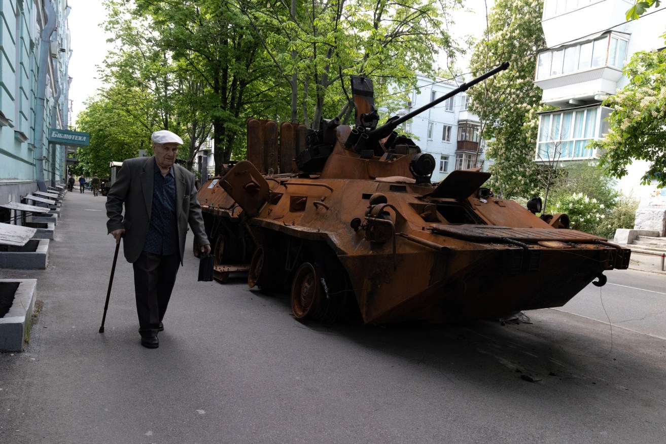 A destroyed Russian armoured vehicle on display in the Ukraine capital Kyiv. Photo: Dominic Chiu / SOPA Images/Sipa USA