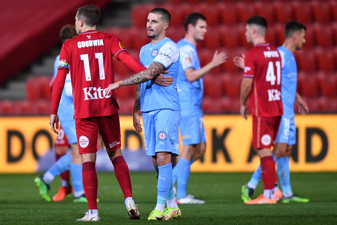 Adelaide United and Melbourne City after their draw at Hindmarsh last night. Photo: James Ross/AAP 