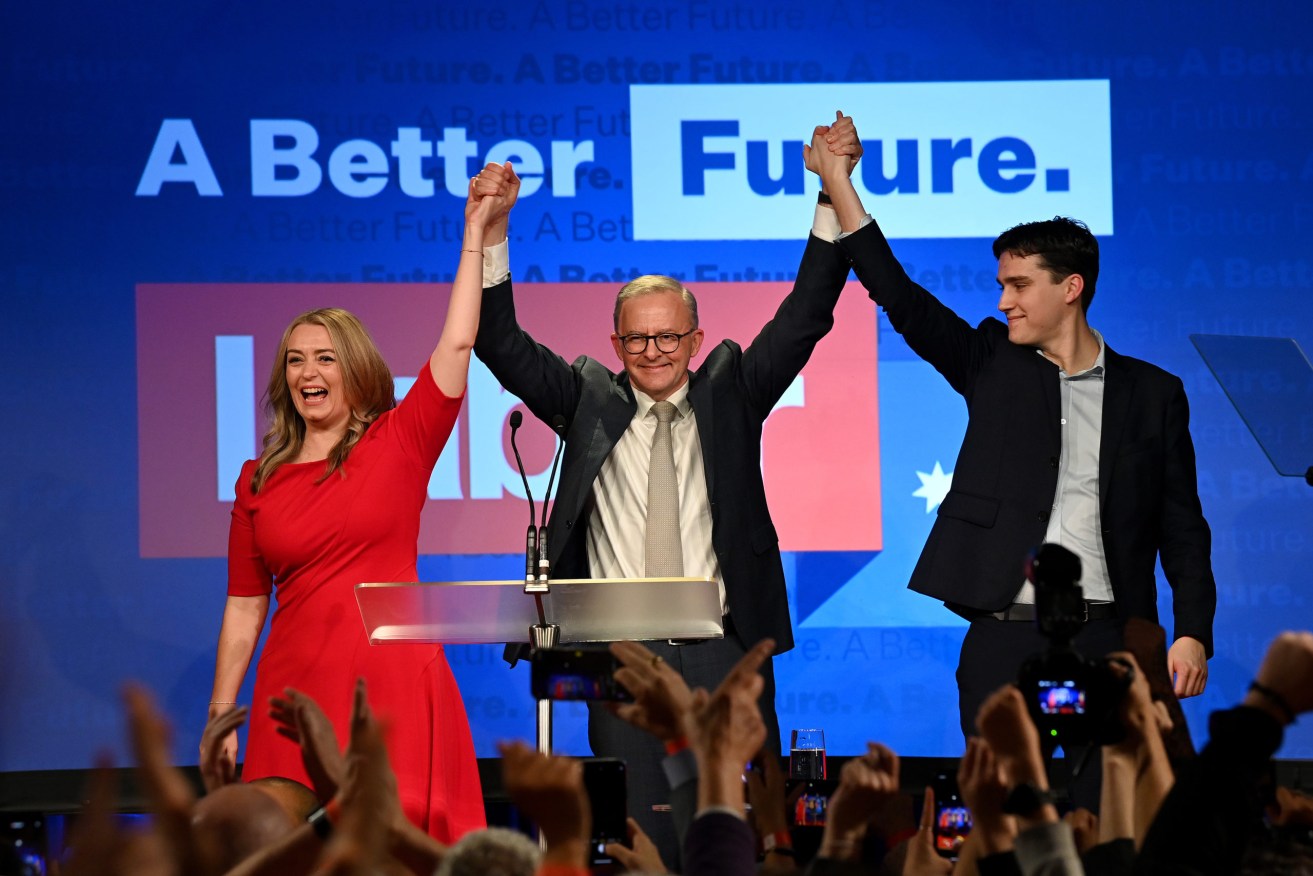Prime Minister-elect Anthony Albanese with partner Jodie Haydon and son Nathan after his election victory speech on Saturday night. Photo: AAP/Bianca De Marchi
