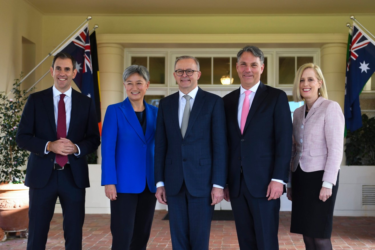 Prime Minister Anthony Albanese with Treasurer Jim Chalmers, Foreign Minister Penny Wong, deputy PM Richard Marles and Finance Minister Katy Gallagher after a swearing-in ceremony at Government House. Photo: AAP/Lukas Coch