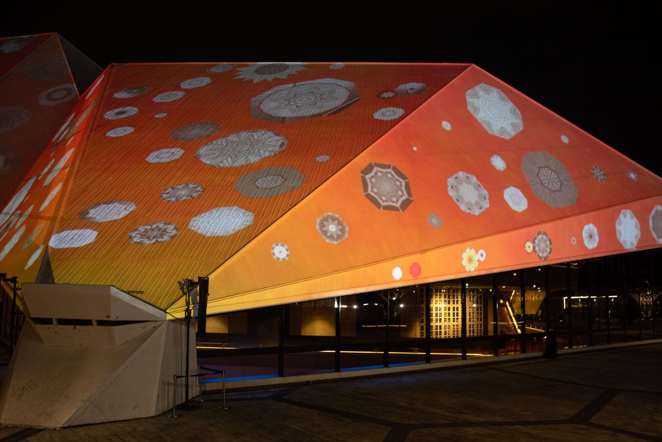 Bridgette Minuzzo's artwork projected onto the Festival Theatre shells. Photo: Simon Rogers 