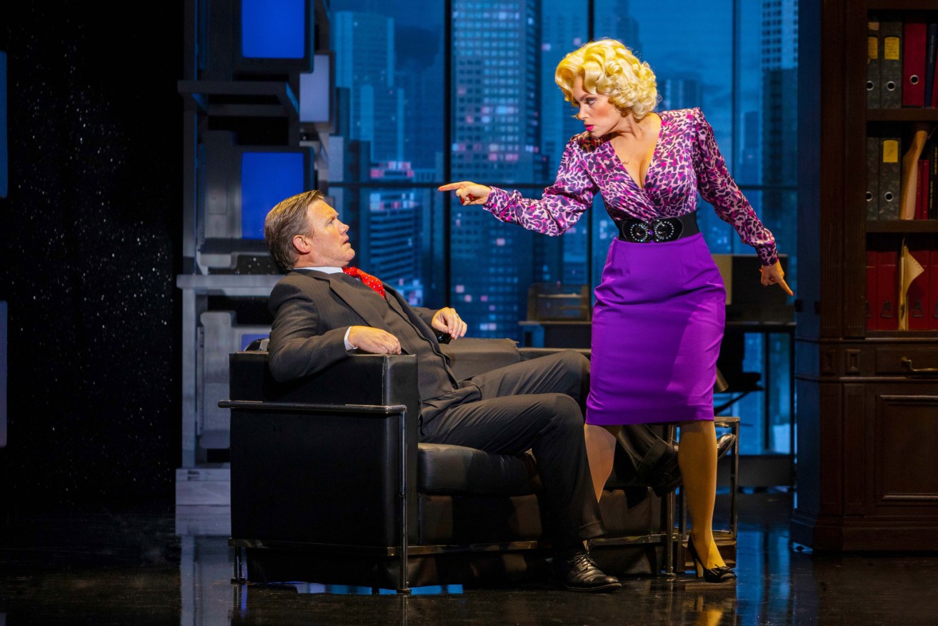 Eddie Perfect as villainous boss Franklin Hart Jnr gets a lecture from Erin Clare's Doralee Rhodes in '9 to 5 The Musical'. Photo: David Hooley