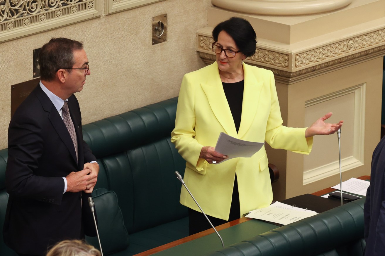 Vickie Chapman with former Premier Steven Marshall in parliament yesterday. Photo: Tony Lewis / InDaily