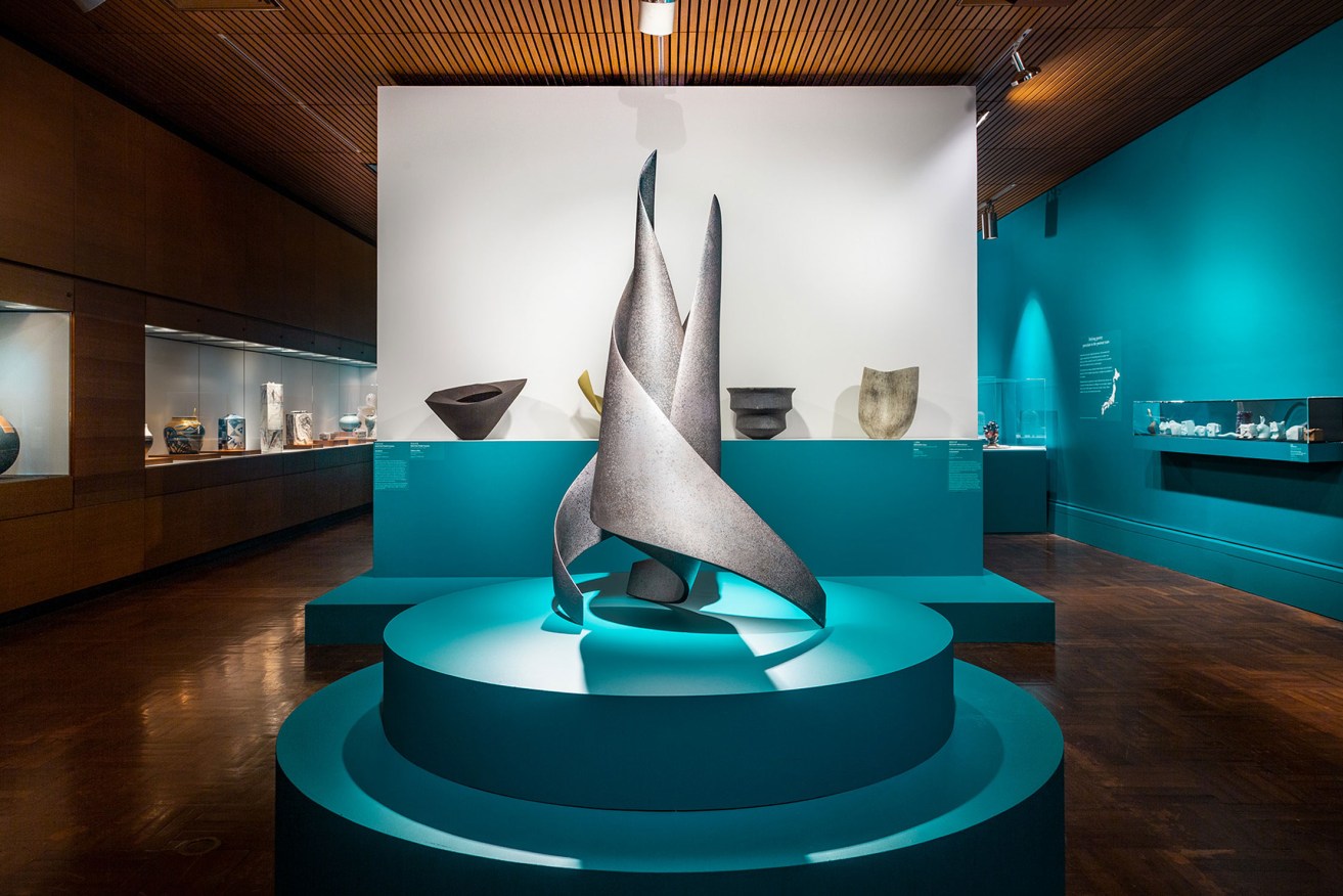 An installation view of 'Pure Form: Japanese sculptural ceramics' at the Art Gallery of SA, with Moriyama Kanjiro's 'Kai (Turn) VIII' in the foreground. Photo: Saul Steed