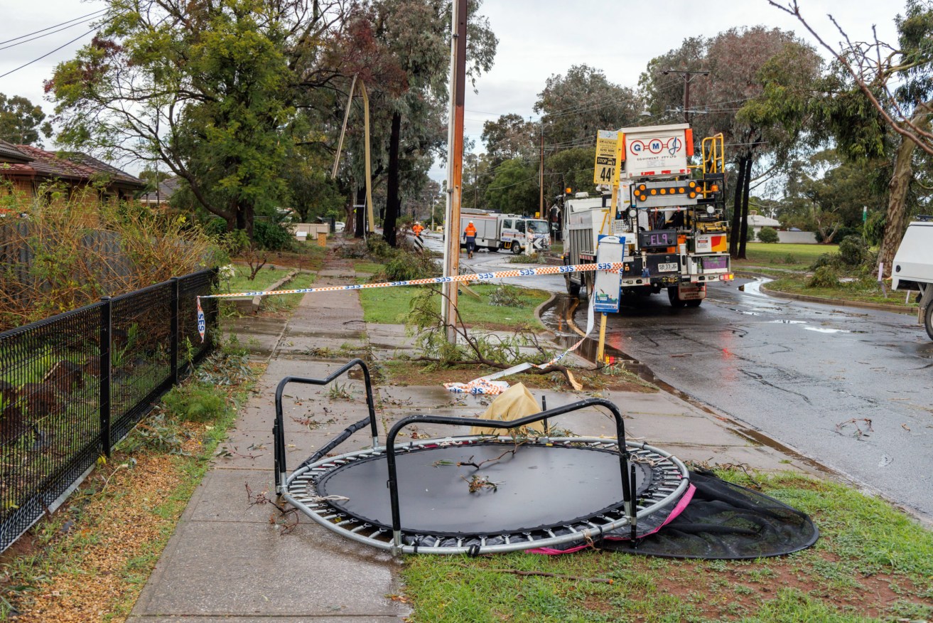 An upended trampoline on Northbri Ave, Salisbury, following Monday's storm. Photo: Tony Lewis/InDaily