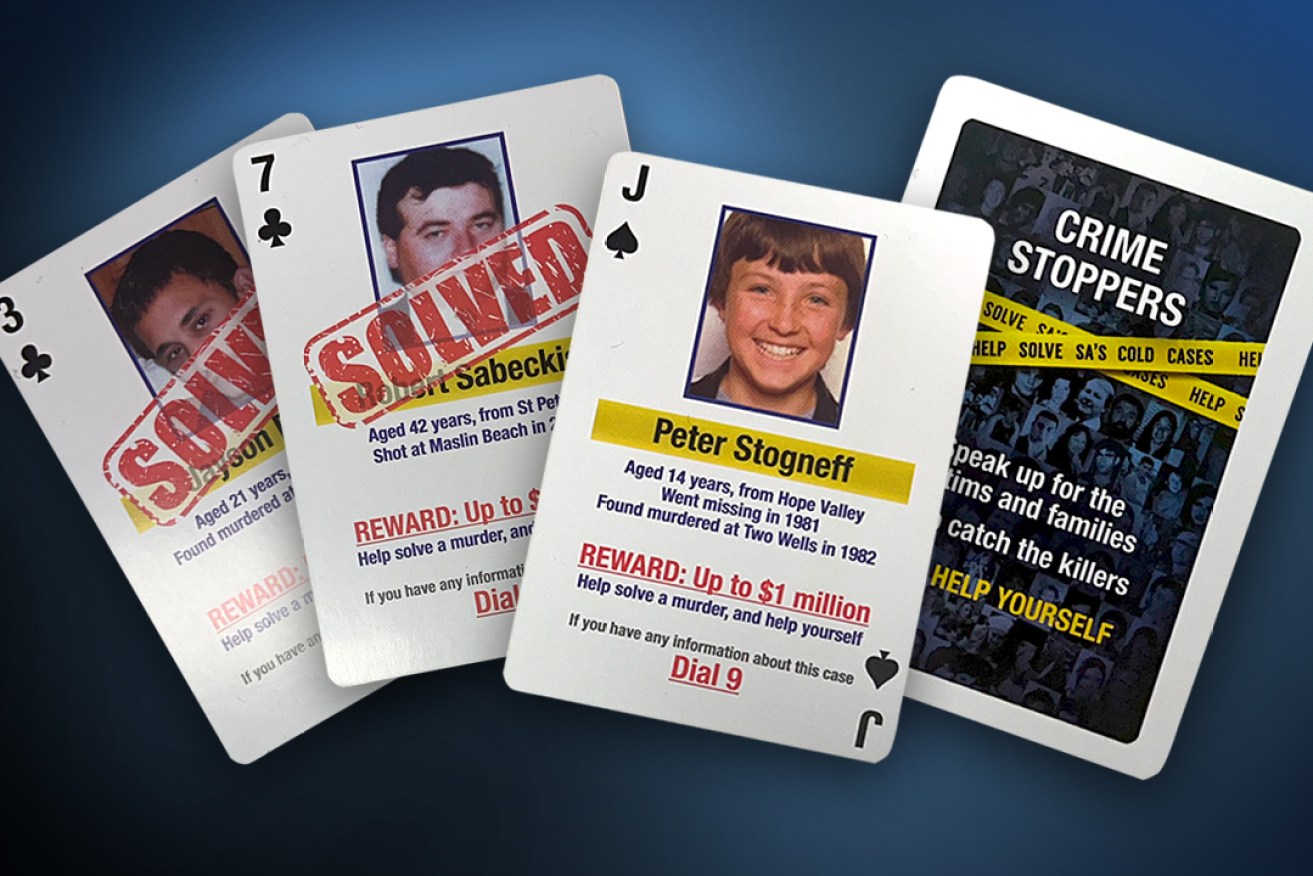 Some of the playing cards being distributed in SA prisons to help solve cold case murders. Image: Tom Aldahn/InDaily