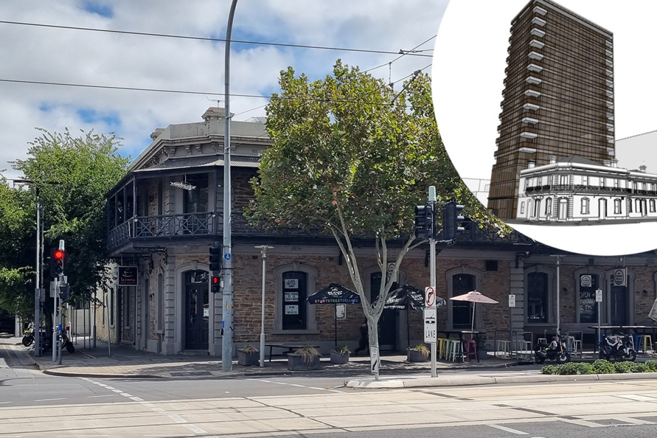 The state heritage-listed King’s Head Hotel on King William Street, with the proposed 53m apartment block at rear. Photo: Thomas Kelsall/InDaily. Inset image: Future Urban
