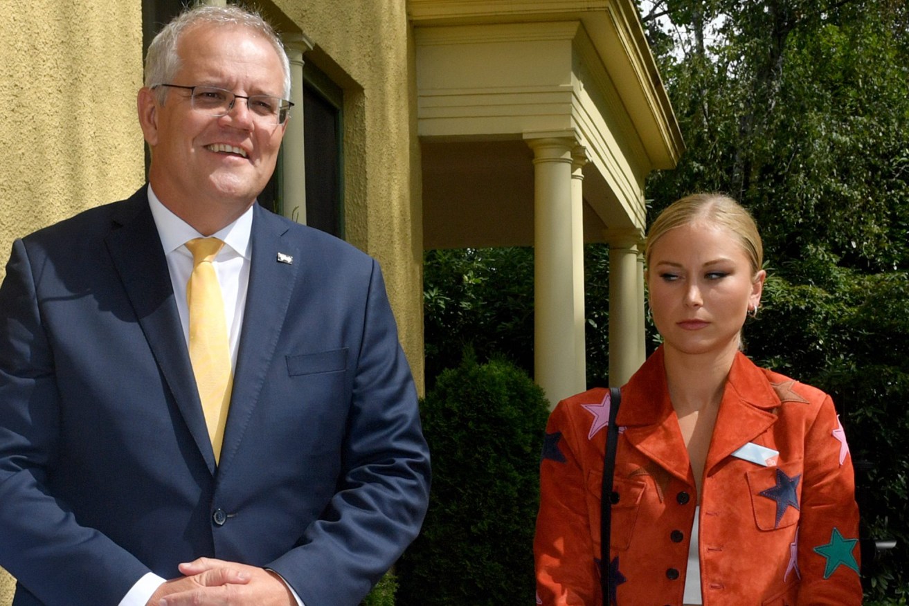 Then-Prime Minister Scott Morrison with 2021 Australian of the Year Grace Tame in January. Photo: Mick Tsikas / AAP