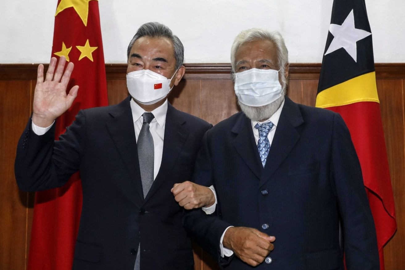 China's Foreign Minister Wang Li with former Timor Leste President Xanana Gusmao on Saturday, during a diplomatic tour of 10 Pacific nations. Photo: EPA/Antonio Dasiparu