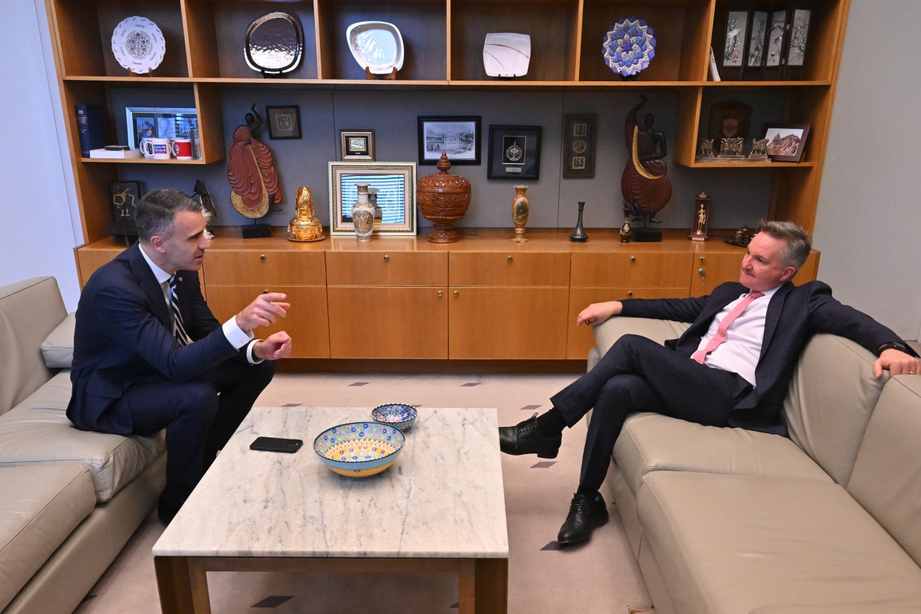 Premier Peter Malinauskas meets with federal Minister for Climate Change Chris Bowen in his ministerial office at Parliament House in Canberra on Thursday. Photo: Mick Tsikas/AAP