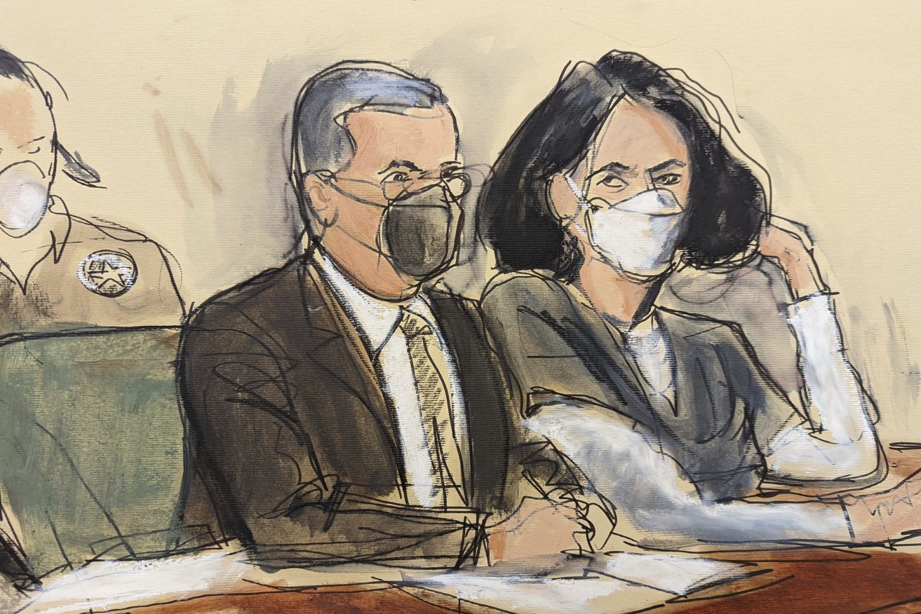 A courtroom sketch of Ghislaine Maxwell seated beside her attorney, Christian Everdell, during sentencing. Photo via Elizabeth Williams / AP