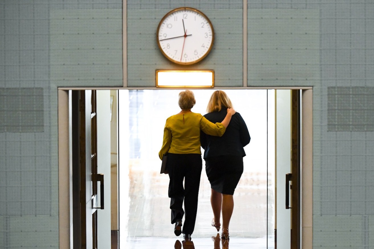Time's up for rigid party contol: independent MP Helen Haines and Liberal Bridget Archer leave the chamber after Archer crossed the floor on a vote allowing debate on an integrity commission. Photo: AAP/Lukas Coch